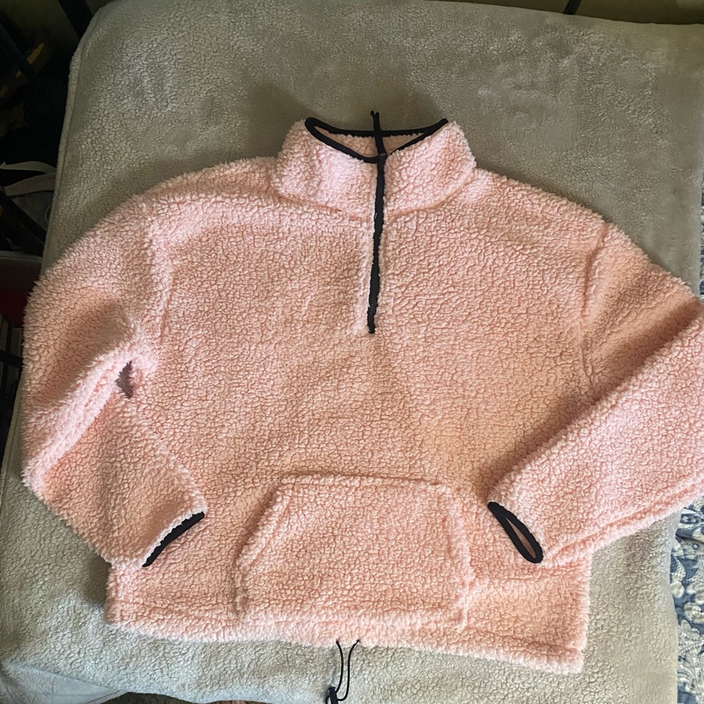 No Boundaries Pink Sherpa Pullover with Black Trim. Sz L